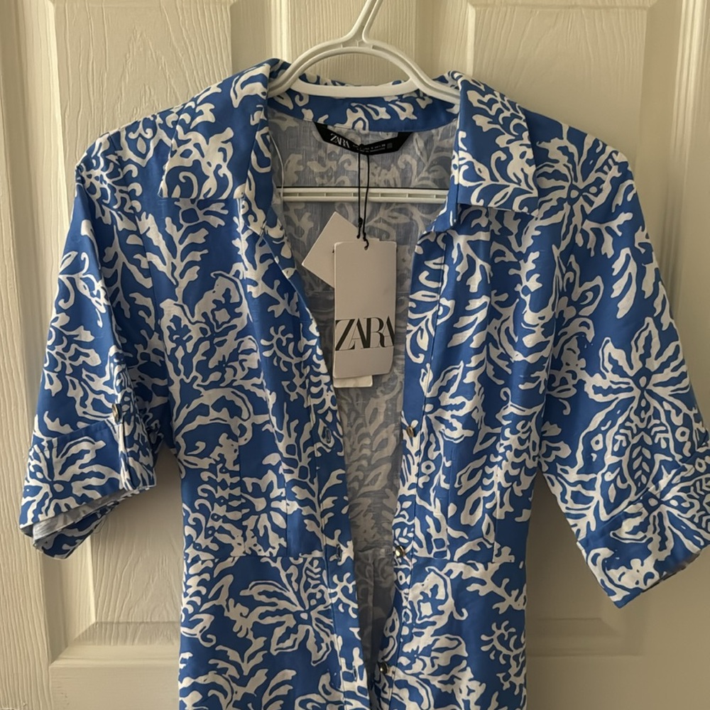 NWT Zara Blue and White Floral Linen Blend Dress - Picture 7 of 9